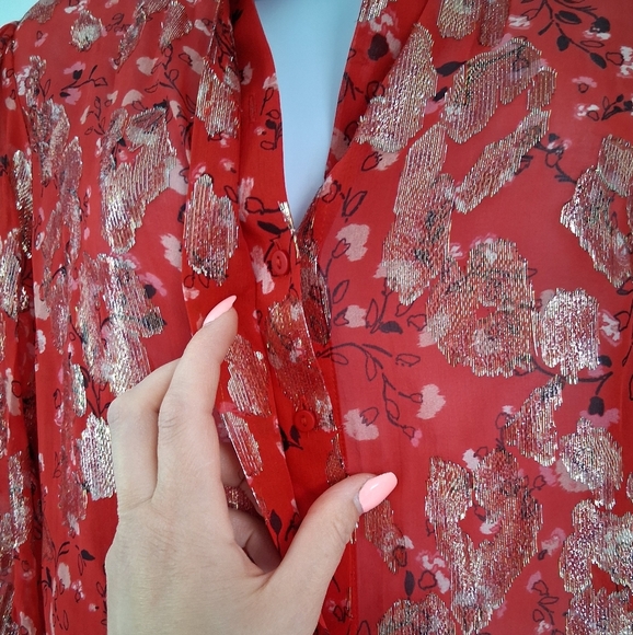 Ba&sh/ Tanama Printed Silk Blend Blouse/ Red and Metallic Gold/ Size US XS - Picture 5 of 15